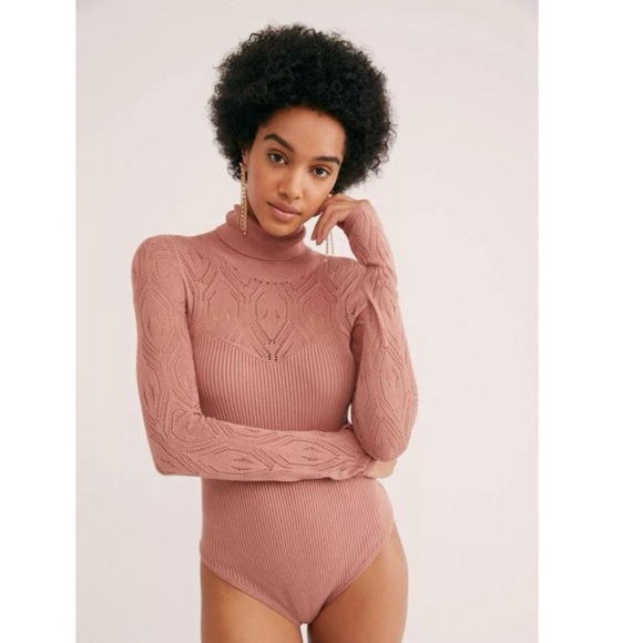 Free People Pretty In Pointelle Knit Ribbed Long Sleeve Turtle Neck Bodysuit - Picture 1 of 9